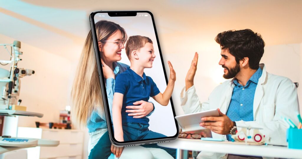 Mother, Son, Miramont Doctor high-fiving through a phone shaped portal representing the Direct Health App