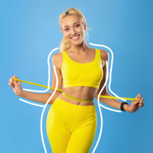 happy woman in yellow with a measuring tape. white outline indicating weight loss.