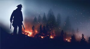 Silhouette of a Firefighter with flames behind them. BTL Cares Campaign Miramont Wellness Centers