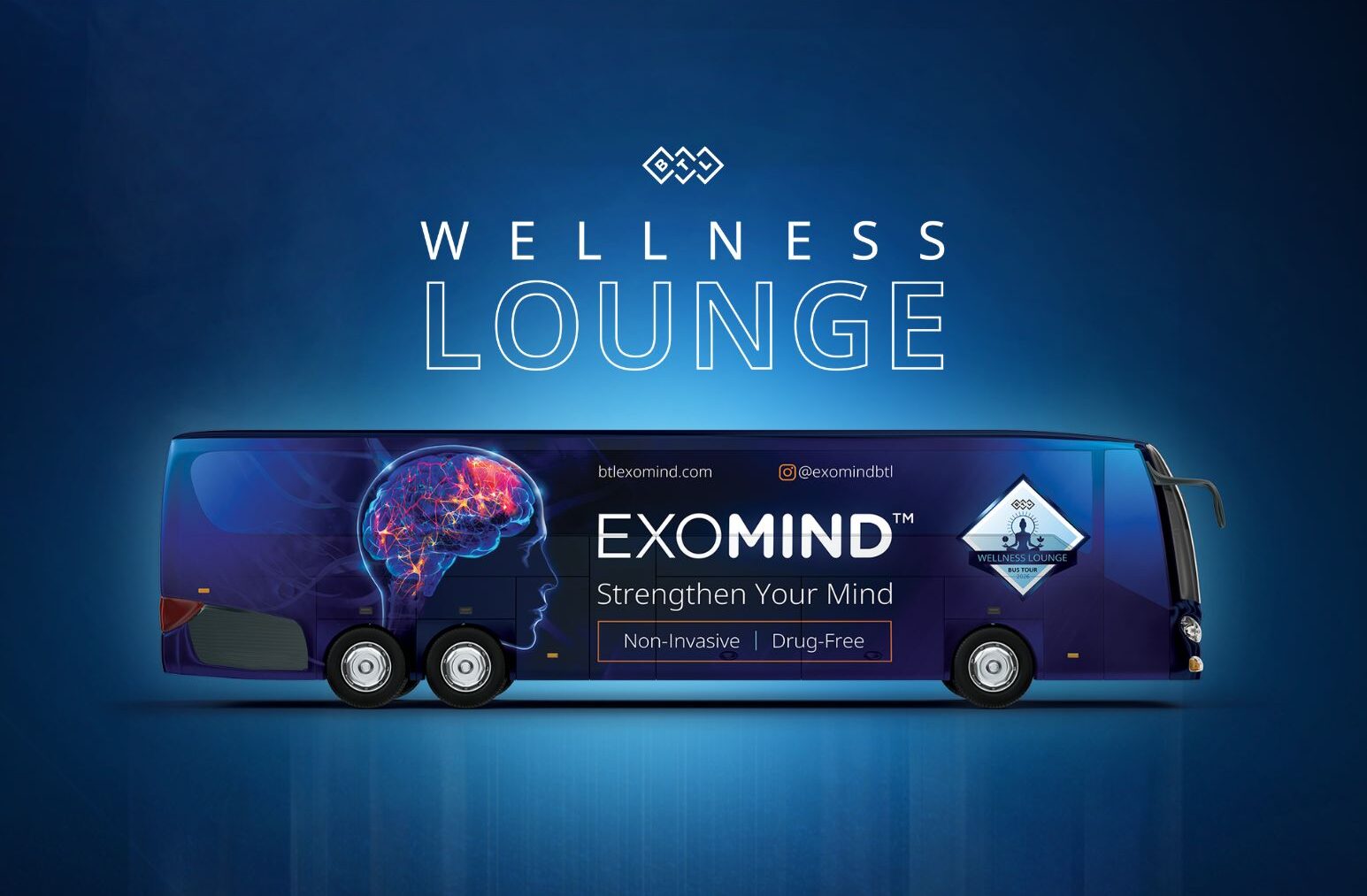 BTL Wellness Lounge Bus with EXOMIND logo and brain graphic Miramont Wellness Centers