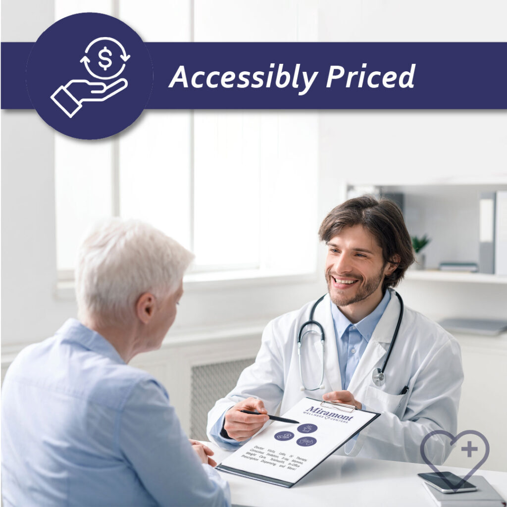 Patient talking to her Miramont doctor about pricing. Image Text: "Accessibly Priced"