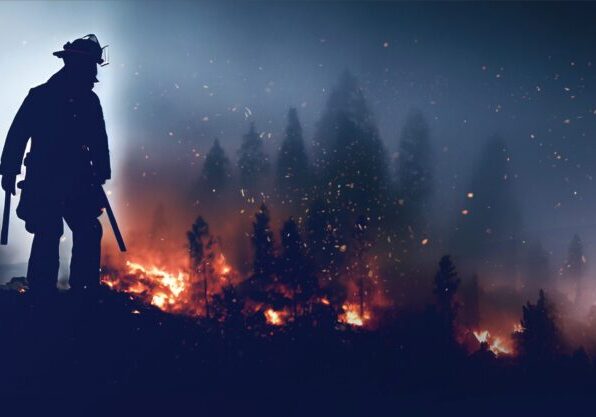 Silhouette of a Firefighter with flames behind them. BTL Cares Campaign Miramont Wellness Centers