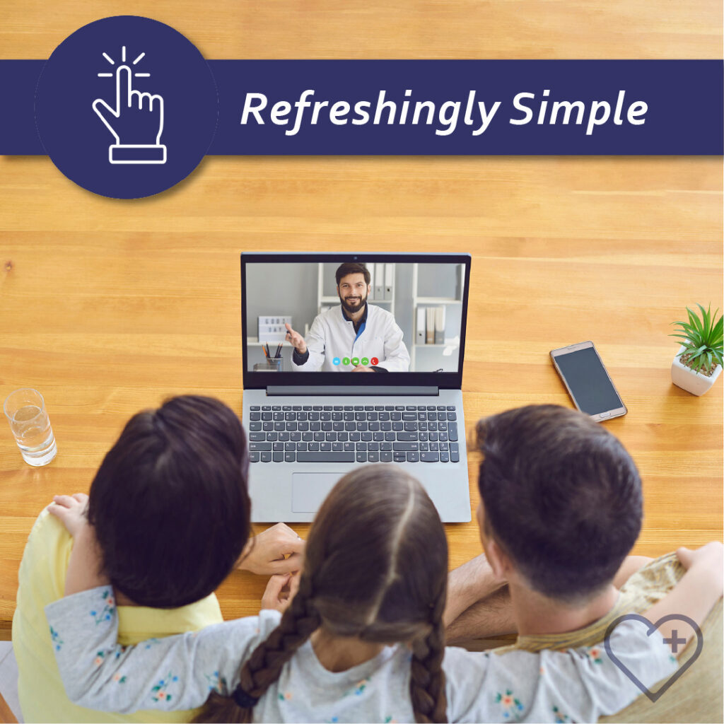 Family talking to their Miramont doctor on a laptop. Image text reads "Refreshingly Simple"