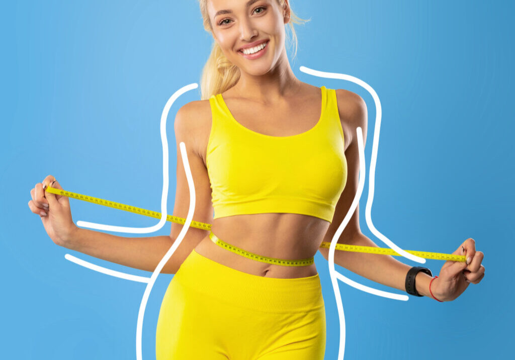 happy woman in yellow with a measuring tape. white outline indicating weight loss.